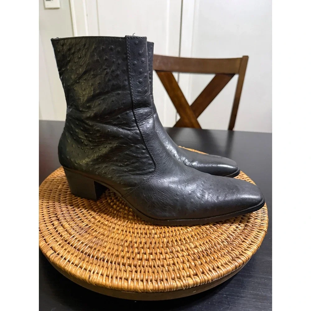 Osstone JY007 Mens Black Leather Ostrich Embossed Side Zip Ankle Boots hUS 11